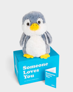 Photo of grey and white Pepper the Penguin plushie with Someone Loves You box and notecard