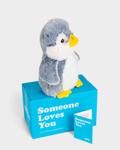 Side view photo of grey and white Pepper the Penguin plushie, Someone Loves You box, and note card