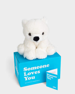 Photo of white Peaches the Polar Bear plushie with Someone Loves You box and notecard
