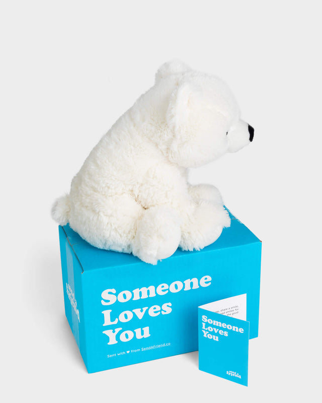Side view photo of white Peaches the Polar Bear plushie, Someone Loves You box, and note card