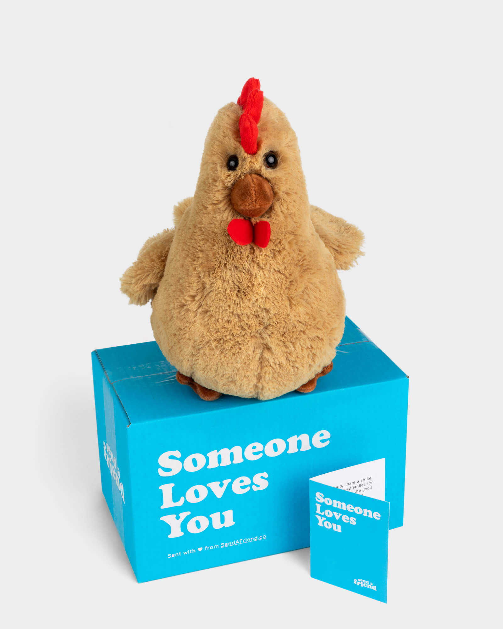Photo of tan Rowdy the Rooster plushie with Someone Loves You box and notecard