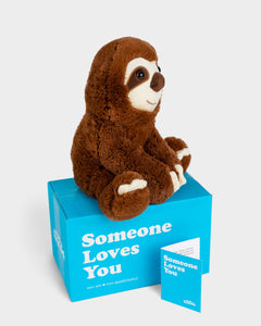 Side view photo of brown Sam the Sloth plushie, Someone Loves You box, and note card