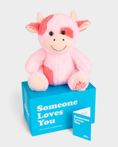 Photo of pink Sally the Strawberry Cow plushie with strawberry embroidered on foot, Someone Loves You box, and notecard