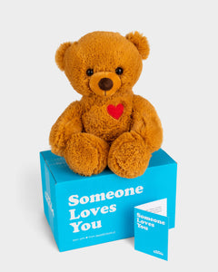 Tan teddy bear with embroidered red heart on chest sitting on top of SendAFriend box and next to notecard both in signature blue color