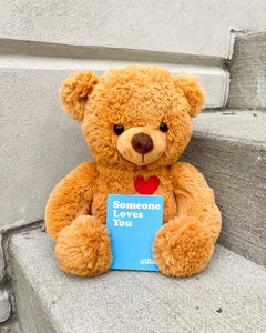Photo of brown Toby the Teddy Bear plushie with red embroidered heart sitting on concrete stairs with note card